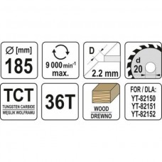 YATO Disc circular pentru lemn 185X36TX20mm..